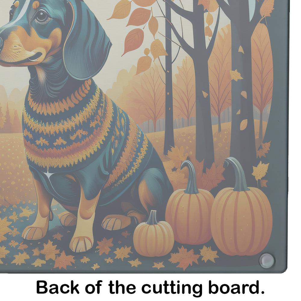 Dachshund Fall Cutting Board Tempered Glass Kitchen Cutting Surface, Heat Resistant Chopping, Non-Slip Feet, Food Prep & Serving