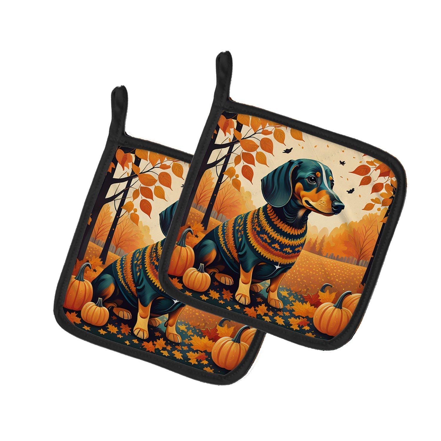 Dachshund Fall Pot Holder Set of 2 Heat Resistant Quilted Hot Pads 7.5 x 7.5 Inch, Insulated Kitchen Trivets for Cooking & Baking