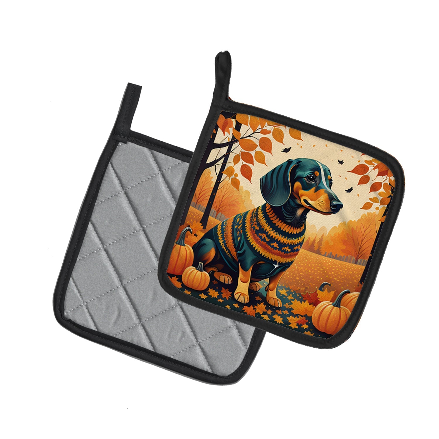 Dachshund Fall Pot Holder Set of 2 Heat Resistant Quilted Hot Pads 7.5 x 7.5 Inch, Insulated Kitchen Trivets for Cooking & Baking