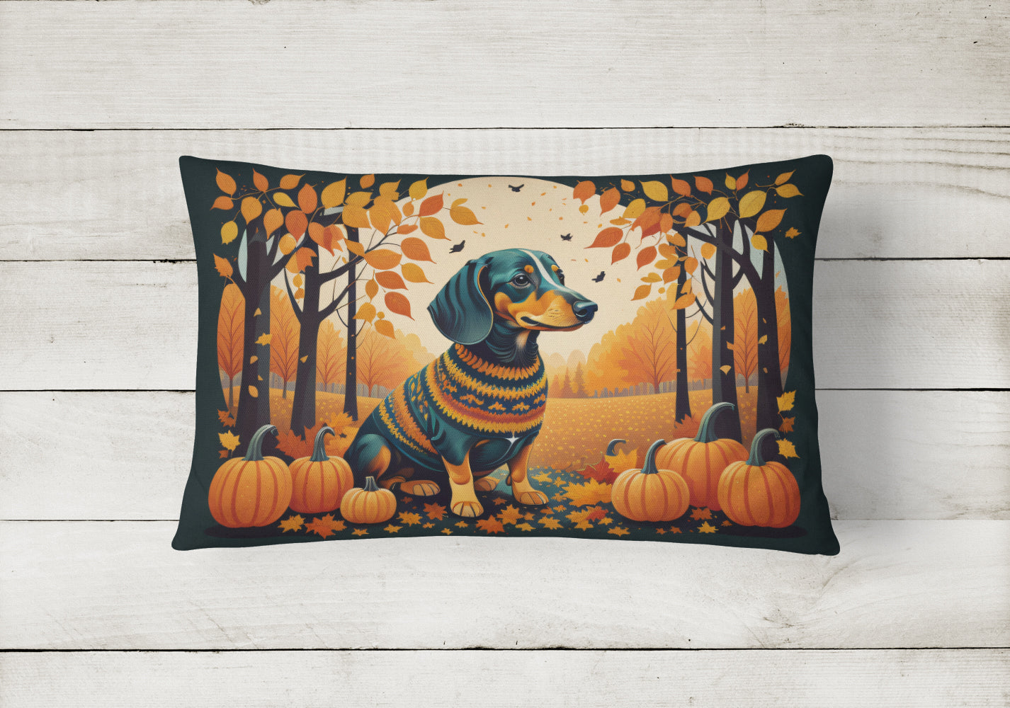 Dachshund Fall Decorative Throw Pillow 12x16 Indoor Outdoor Accent Cushion, Fabric Cover with Insert for Sofa, Bed, Porch & Living Room