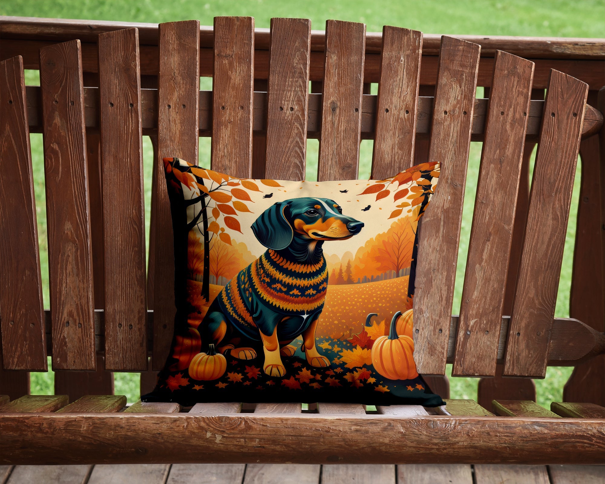 Dachshund Fall Decorative Throw Pillow 14x14 Indoor Outdoor Accent Cushion, Fabric Cover with Insert for Sofa, Bed, Porch & Living Room