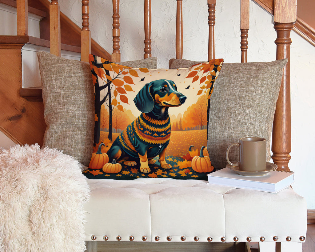 Dachshund Fall Decorative Throw Pillow 14x14 Indoor Outdoor Accent Cushion, Fabric Cover with Insert for Sofa, Bed, Porch & Living Room