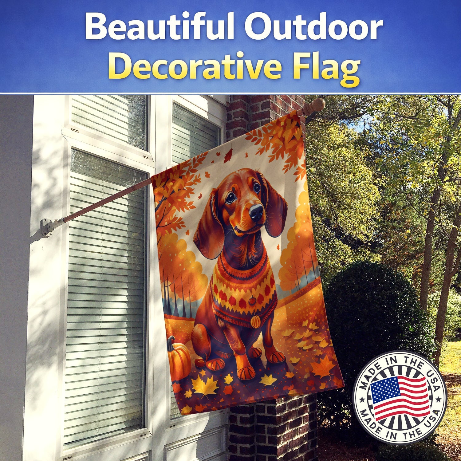Dachshund Fall House Flag 28x40 Porch Sleeve Pole Decorative Outside Yard Banner Artwork Wall Hanging, Polyester