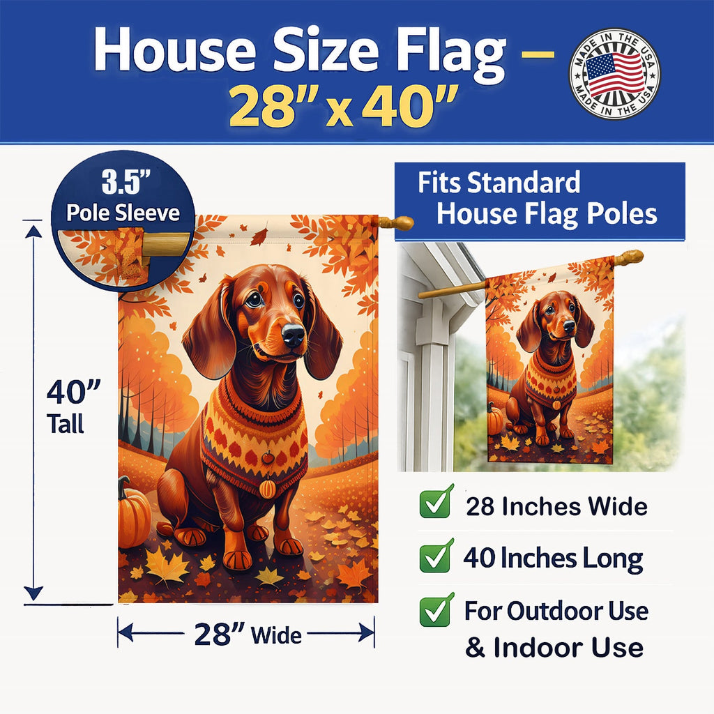 Dachshund Fall House Flag 28x40 Porch Sleeve Pole Decorative Outside Yard Banner Artwork Wall Hanging, Polyester