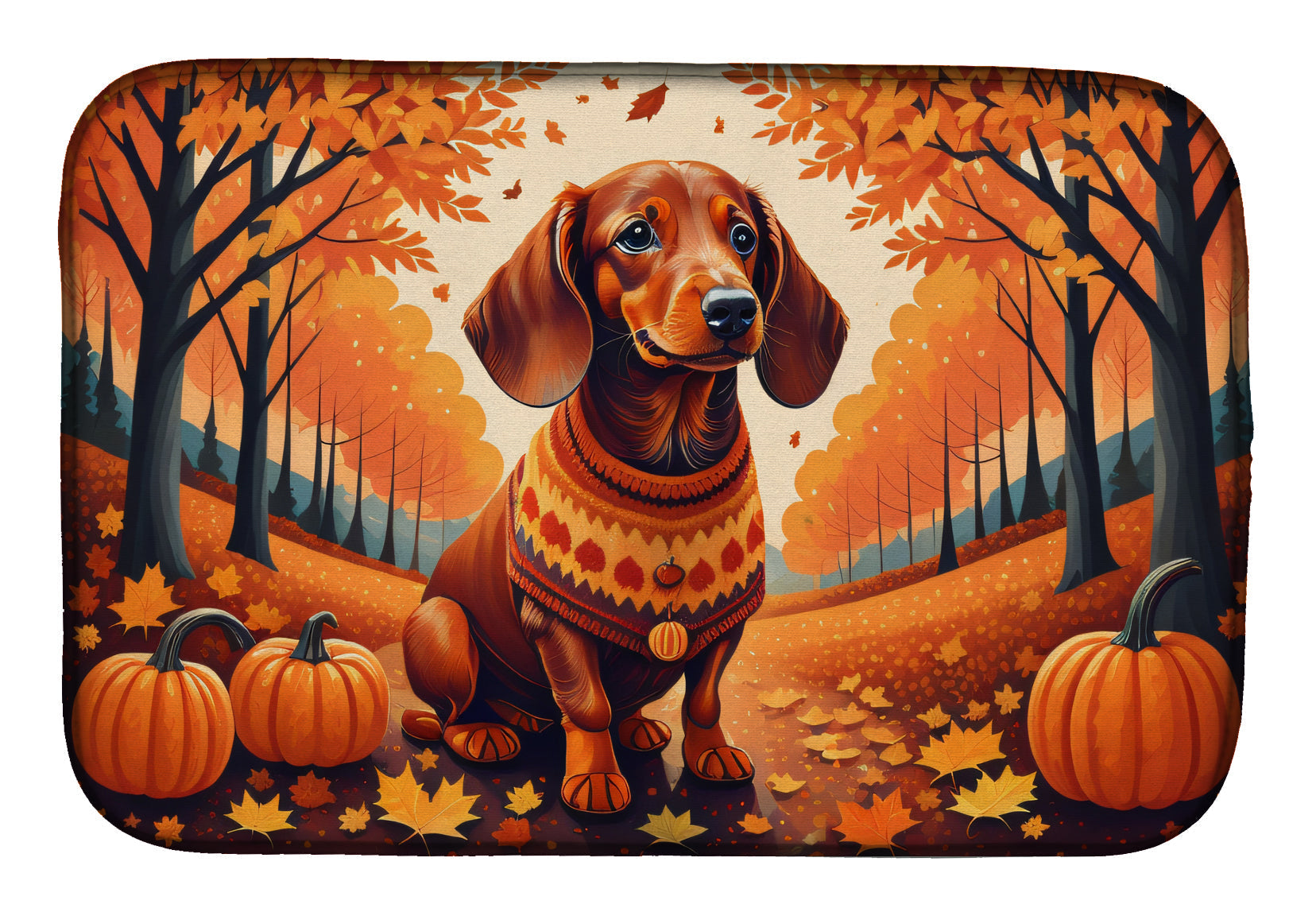 Dachshund Fall Dish Drying Mat Absorbent Dish Drying Mat Pad for Kitchen Counter Dish Drainer Mat for Countertop, 14 x 21", Multicolor