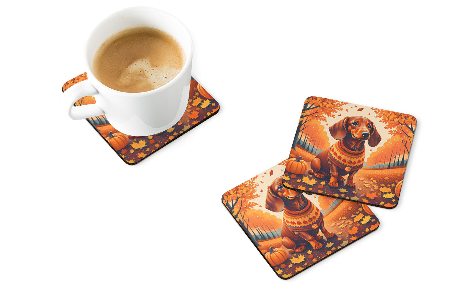 Dachshund Fall Foam Coasters Set of 4 Cup Coasters for Indoor Outdoor, Tabletop Protection, Anti Slip, Mouse pad Material