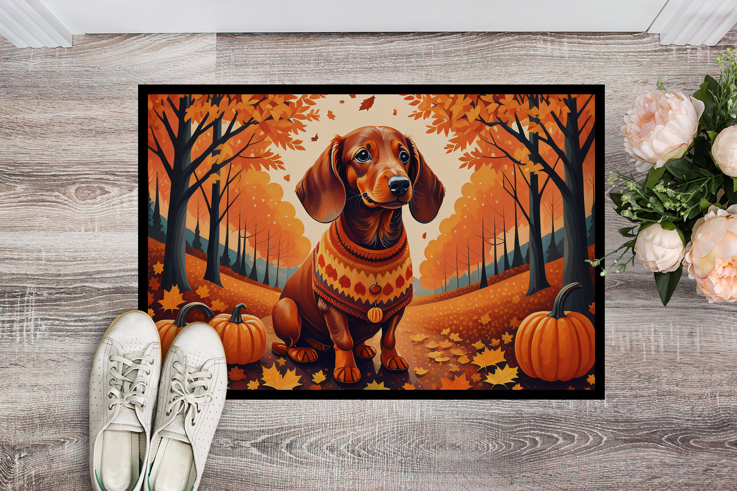 Dachshund Fall Doormat Indoor Outdoor 24H X 36W Front Door Mat Rugs for Entryway, Non Slip Washable Low Pile,