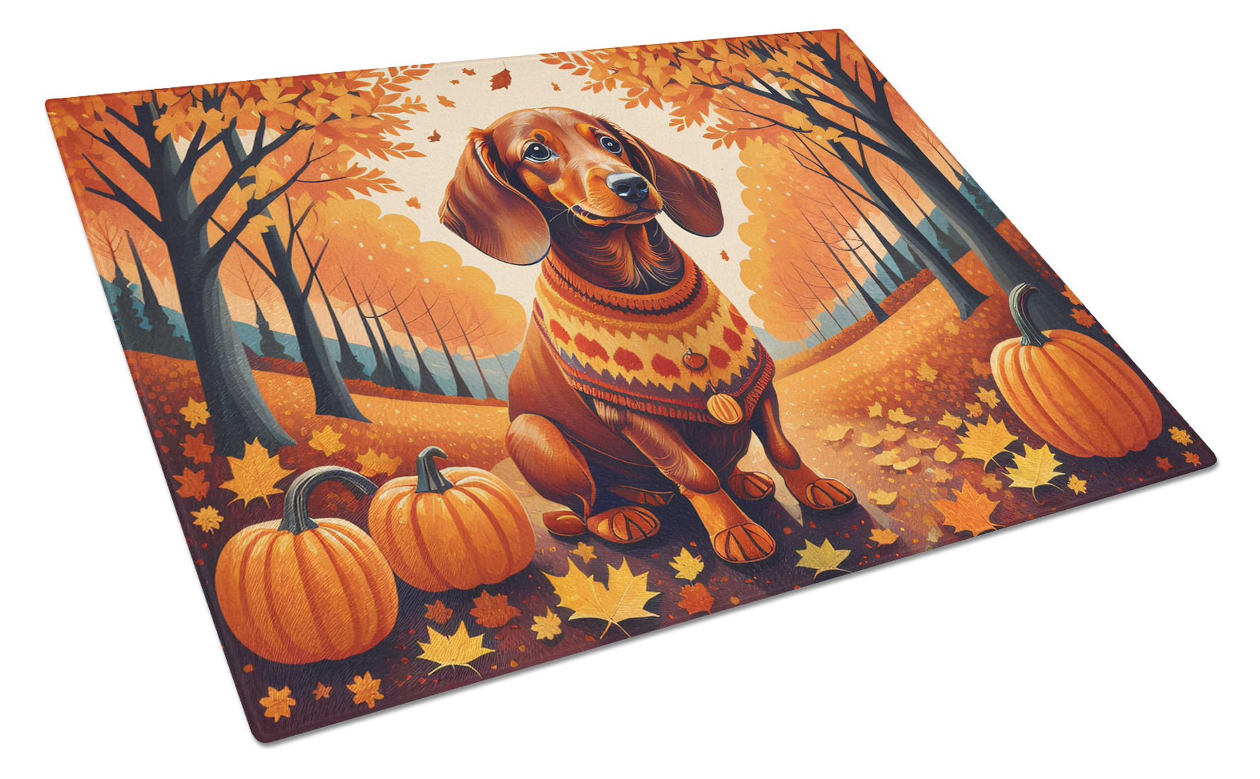 Dachshund Fall Cutting Board Tempered Glass Kitchen Cutting Surface, Heat Resistant Chopping, Non-Slip Feet, Food Prep & Serving