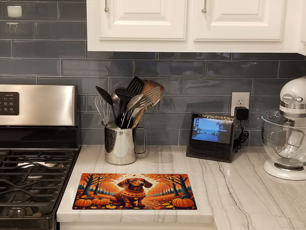 Dachshund Fall Cutting Board Tempered Glass Kitchen Cutting Surface, Heat Resistant Chopping, Non-Slip Feet, Food Prep & Serving