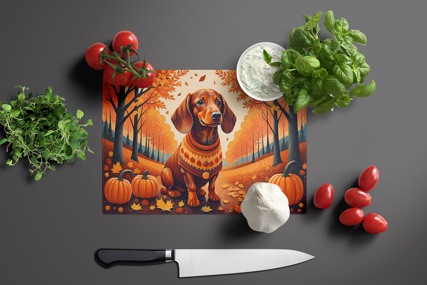 Dachshund Fall Cutting Board Tempered Glass Kitchen Cutting Surface, Heat Resistant Chopping, Non-Slip Feet, Food Prep & Serving