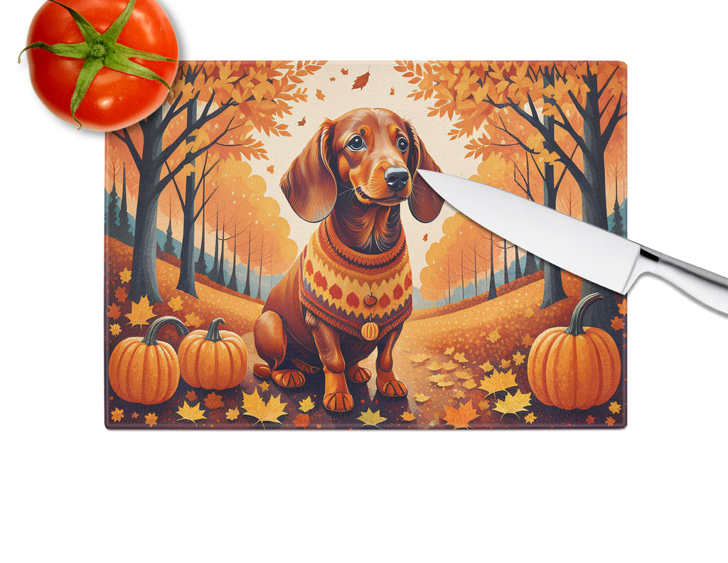 Dachshund Fall Cutting Board Tempered Glass Kitchen Cutting Surface, Heat Resistant Chopping, Non-Slip Feet, Food Prep & Serving