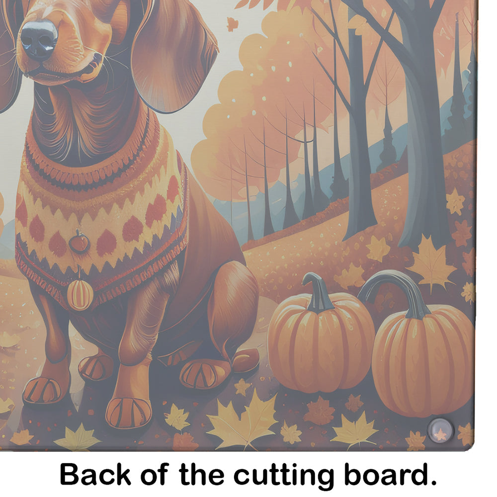 Dachshund Fall Cutting Board Tempered Glass Kitchen Cutting Surface, Heat Resistant Chopping, Non-Slip Feet, Food Prep & Serving
