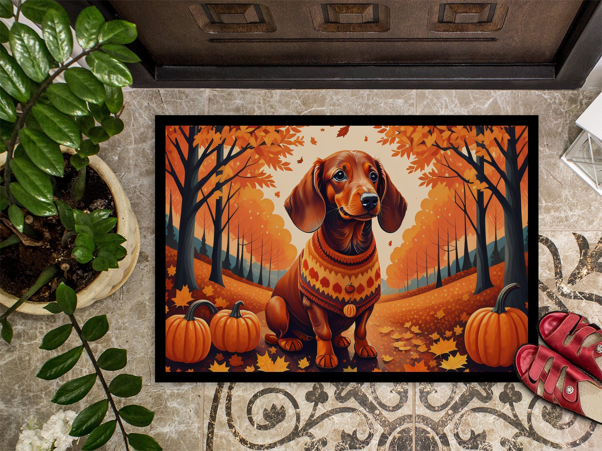 Dachshund Fall Doormat Indoor Outdoor 18H X 27W Front Door Mat Rugs for Entryway, Non Slip Washable