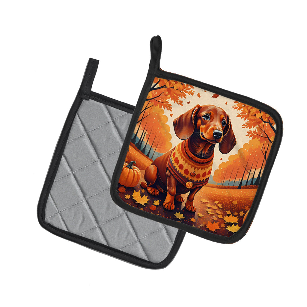 Dachshund Fall Pot Holder Set of 2 Heat Resistant Quilted Hot Pads 7.5 x 7.5 Inch, Insulated Kitchen Trivets for Cooking & Baking
