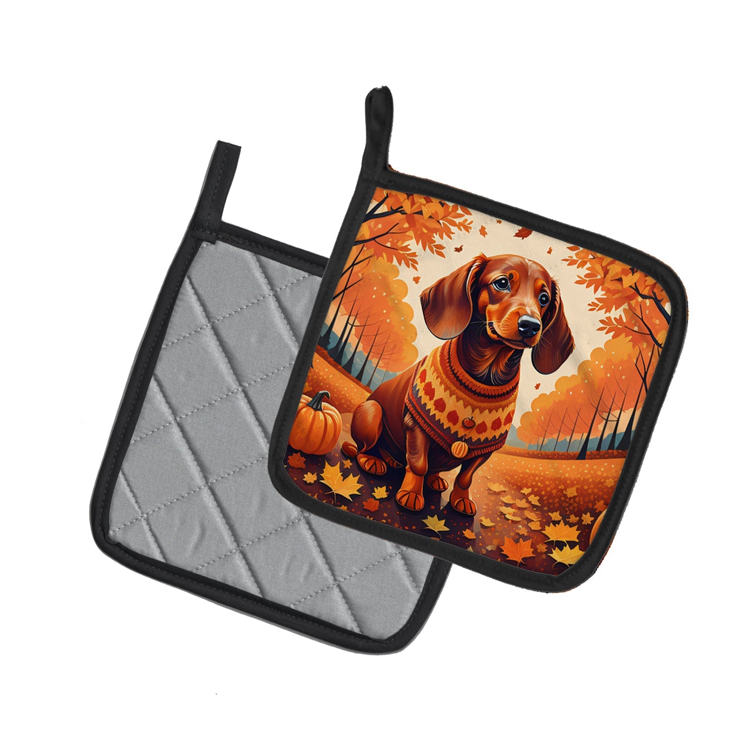 Dachshund Fall Pot Holder Set of 2 Heat Resistant Quilted Hot Pads 7.5 x 7.5 Inch, Insulated Kitchen Trivets for Cooking & Baking