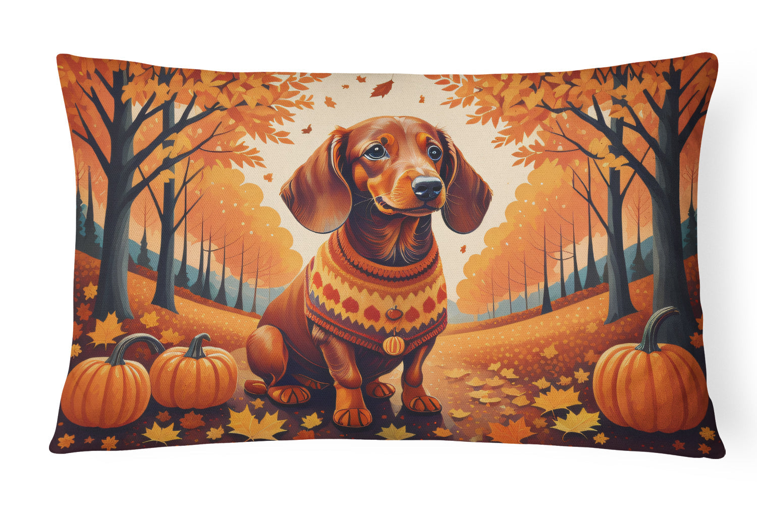 Dachshund Fall Decorative Throw Pillow 12x16 Indoor Outdoor Accent Cushion, Fabric Cover with Insert for Sofa, Bed, Porch & Living Room