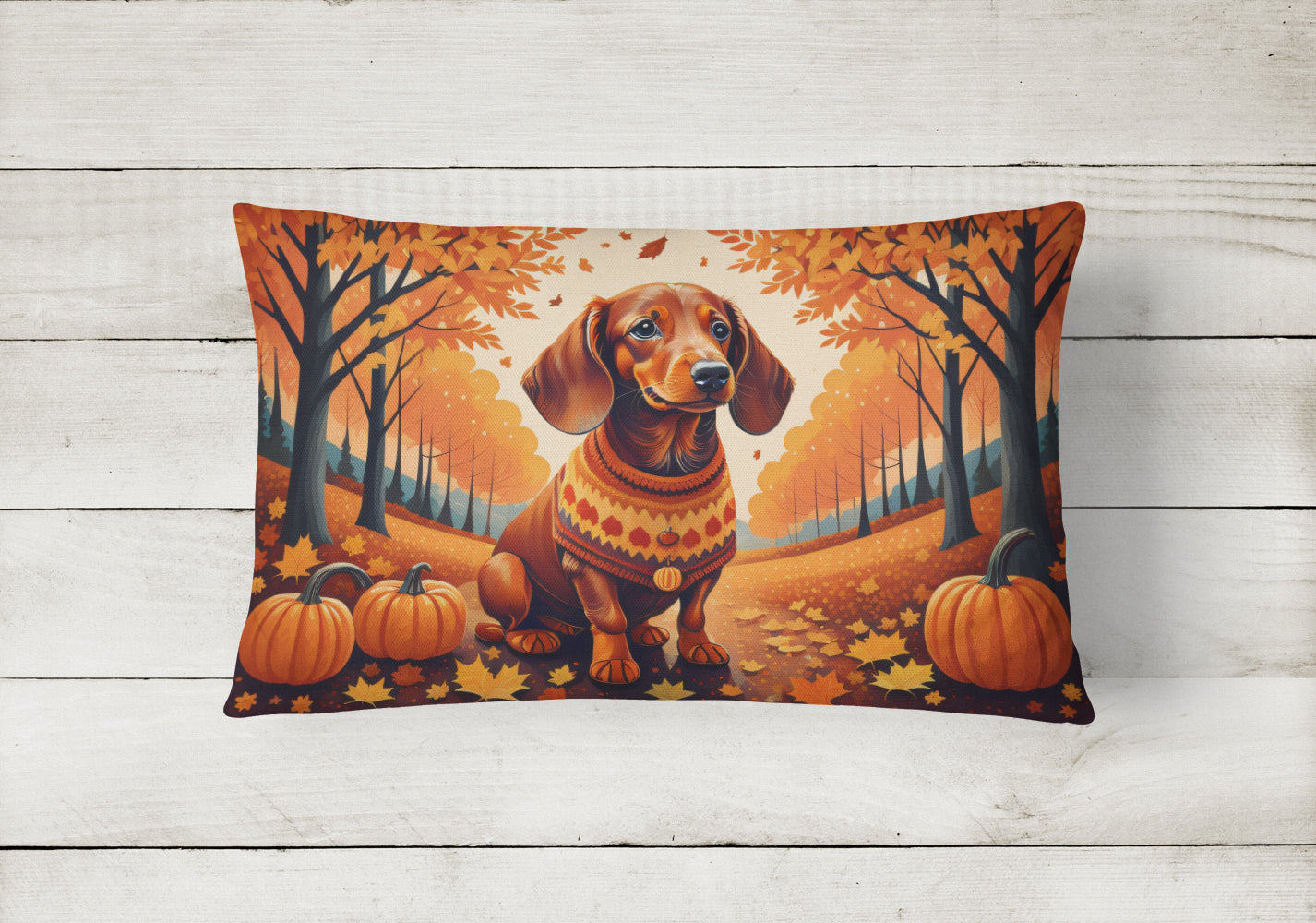 Dachshund Fall Decorative Throw Pillow 12x16 Indoor Outdoor Accent Cushion, Fabric Cover with Insert for Sofa, Bed, Porch & Living Room