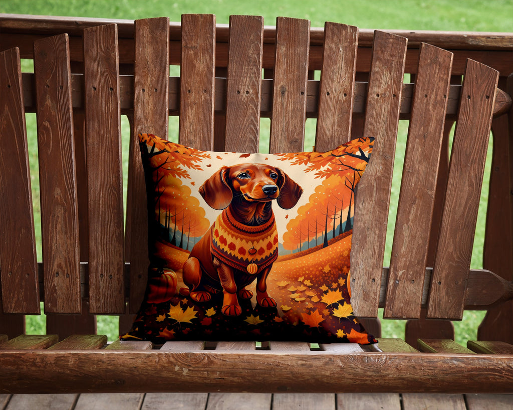 Dachshund Fall Decorative Throw Pillow 14x14 Indoor Outdoor Accent Cushion, Fabric Cover with Insert for Sofa, Bed, Porch & Living Room