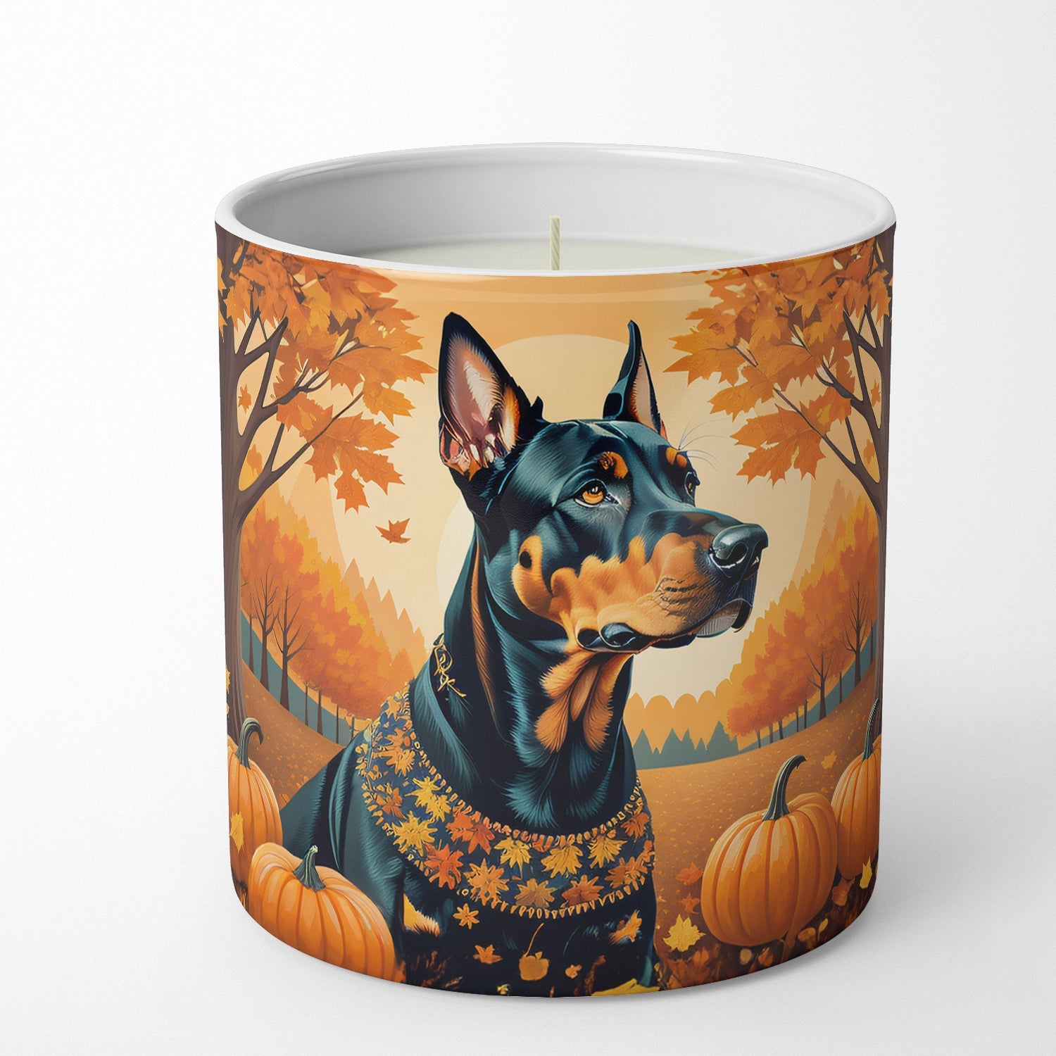 Doberman Pinscher Fall Decorative Soy Candle Nature Soy Wax Essential Oil Home Decor Ideal for Bedroom Kitchen Bath Office Gift, 10 oz