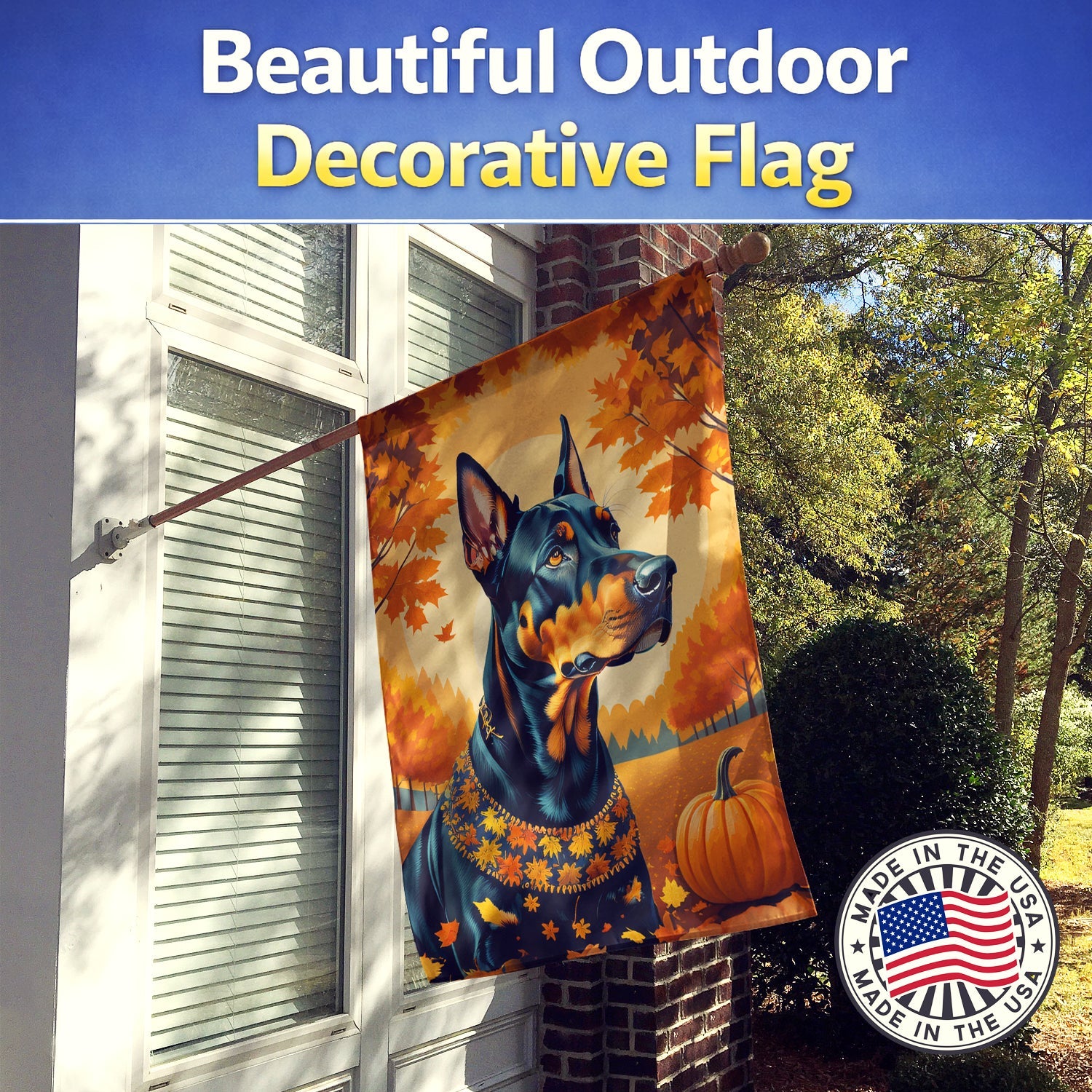 Doberman Pinscher Fall House Flag 28x40 Porch Sleeve Pole Decorative Outside Yard Banner Artwork Wall Hanging, Polyester