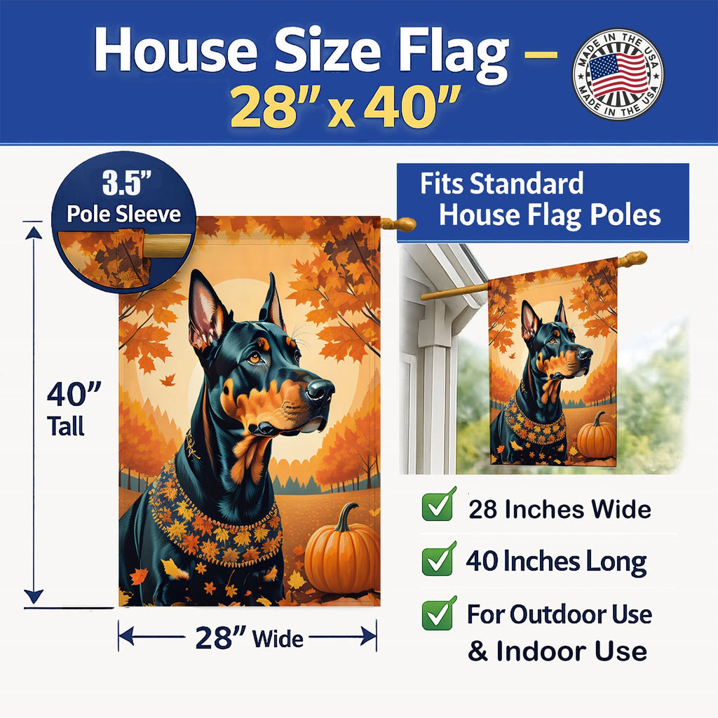 Doberman Pinscher Fall House Flag 28x40 Porch Sleeve Pole Decorative Outside Yard Banner Artwork Wall Hanging, Polyester