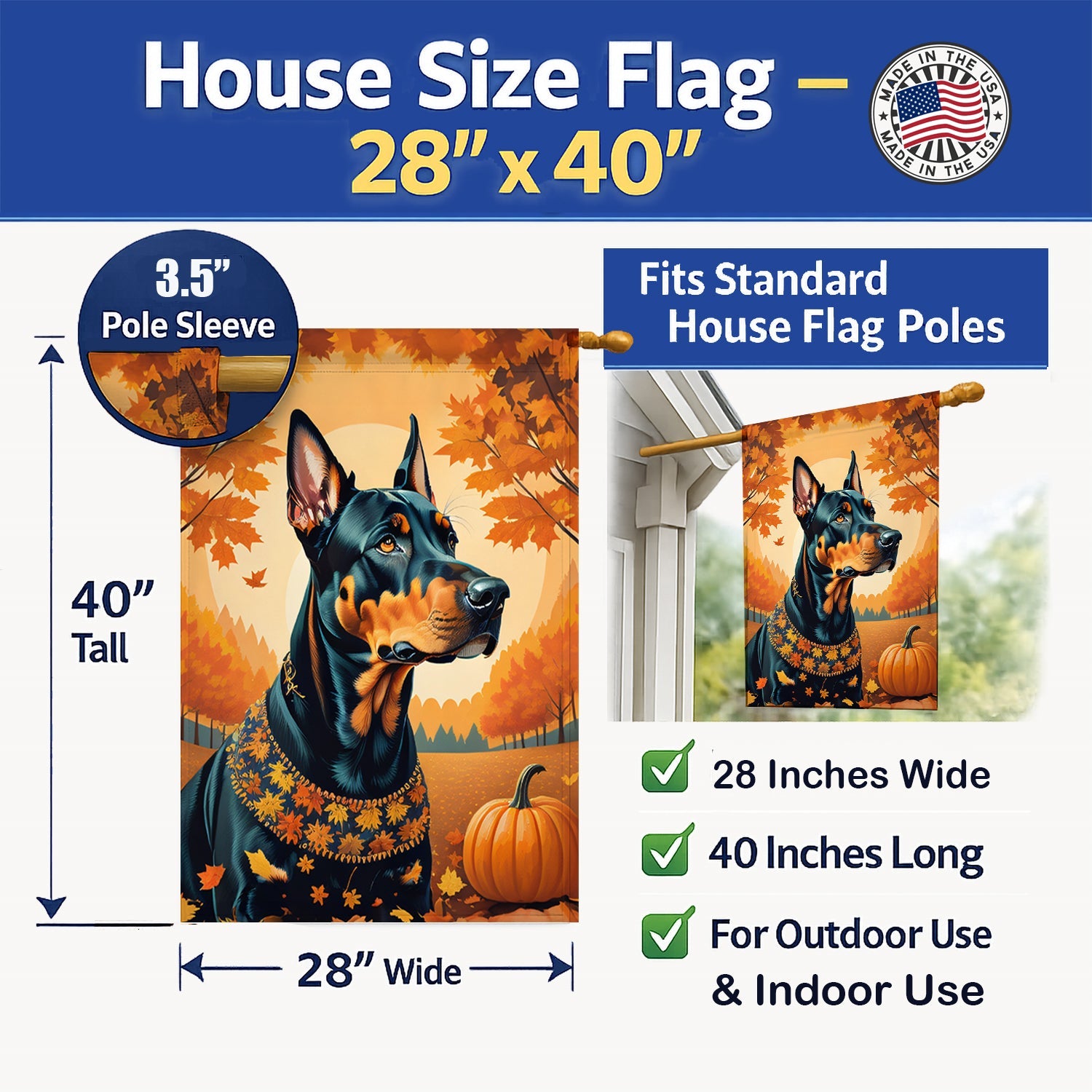 Doberman Pinscher Fall House Flag 28x40 Porch Sleeve Pole Decorative Outside Yard Banner Artwork Wall Hanging, Polyester