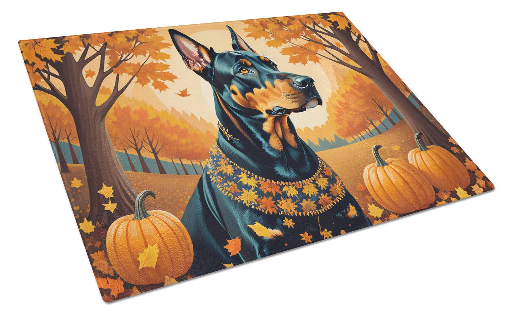 Doberman Pinscher Fall Cutting Board Tempered Glass Kitchen Cutting Surface, Heat Resistant Chopping, Non-Slip Feet, Food Prep & Serving