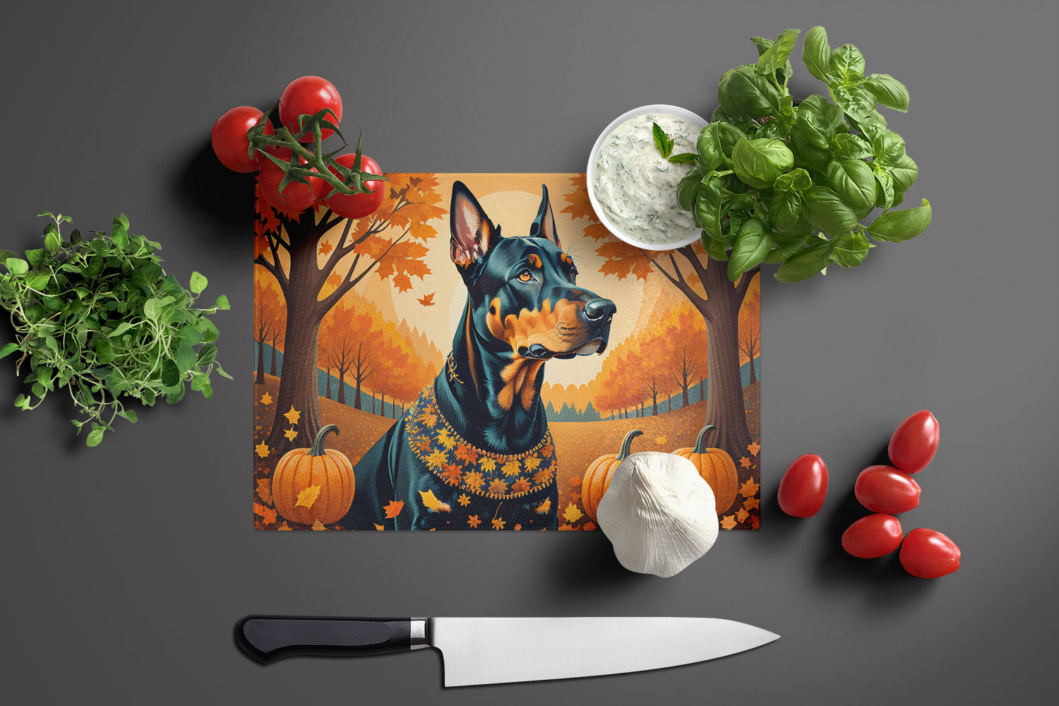 Doberman Pinscher Fall Cutting Board Tempered Glass Kitchen Cutting Surface, Heat Resistant Chopping, Non-Slip Feet, Food Prep & Serving