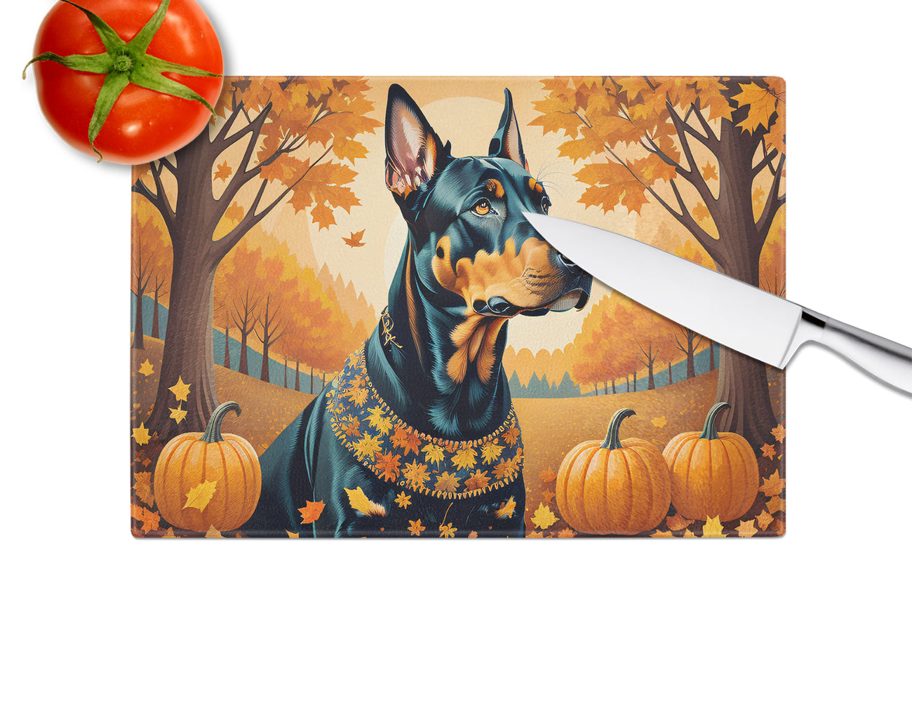 Doberman Pinscher Fall Cutting Board Tempered Glass Kitchen Cutting Surface, Heat Resistant Chopping, Non-Slip Feet, Food Prep & Serving