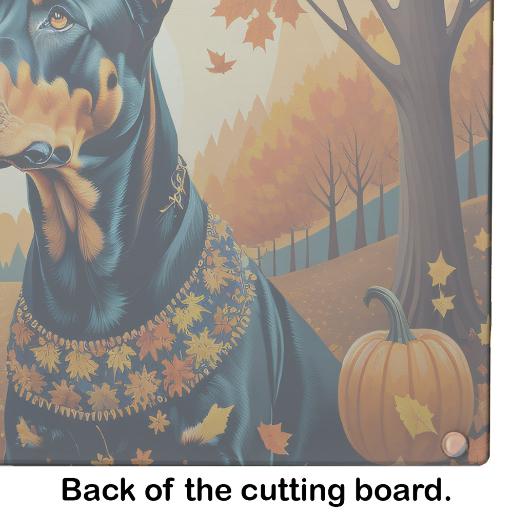 Doberman Pinscher Fall Cutting Board Tempered Glass Kitchen Cutting Surface, Heat Resistant Chopping, Non-Slip Feet, Food Prep & Serving