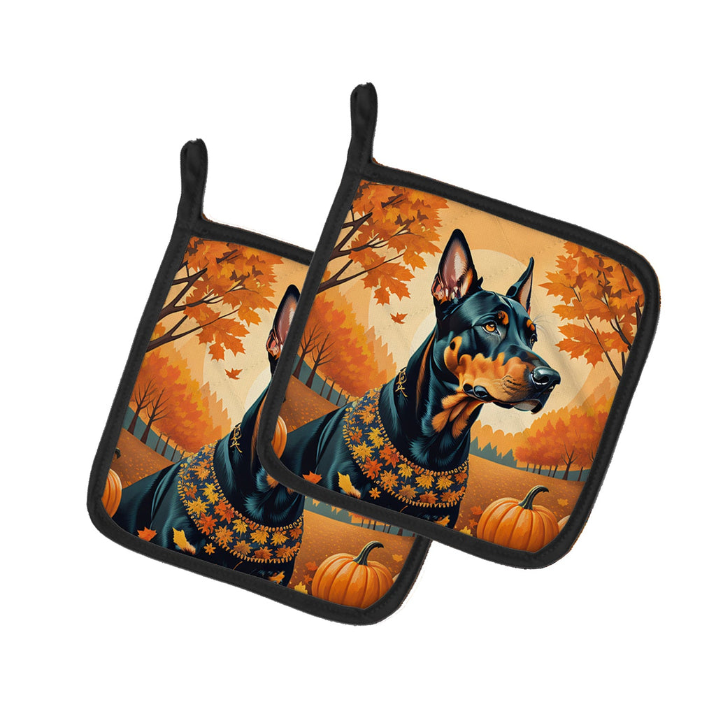 Doberman Pinscher Fall Pot Holder Set of 2 Heat Resistant Quilted Hot Pads 7.5 x 7.5 Inch, Insulated Kitchen Trivets for Cooking & Baking