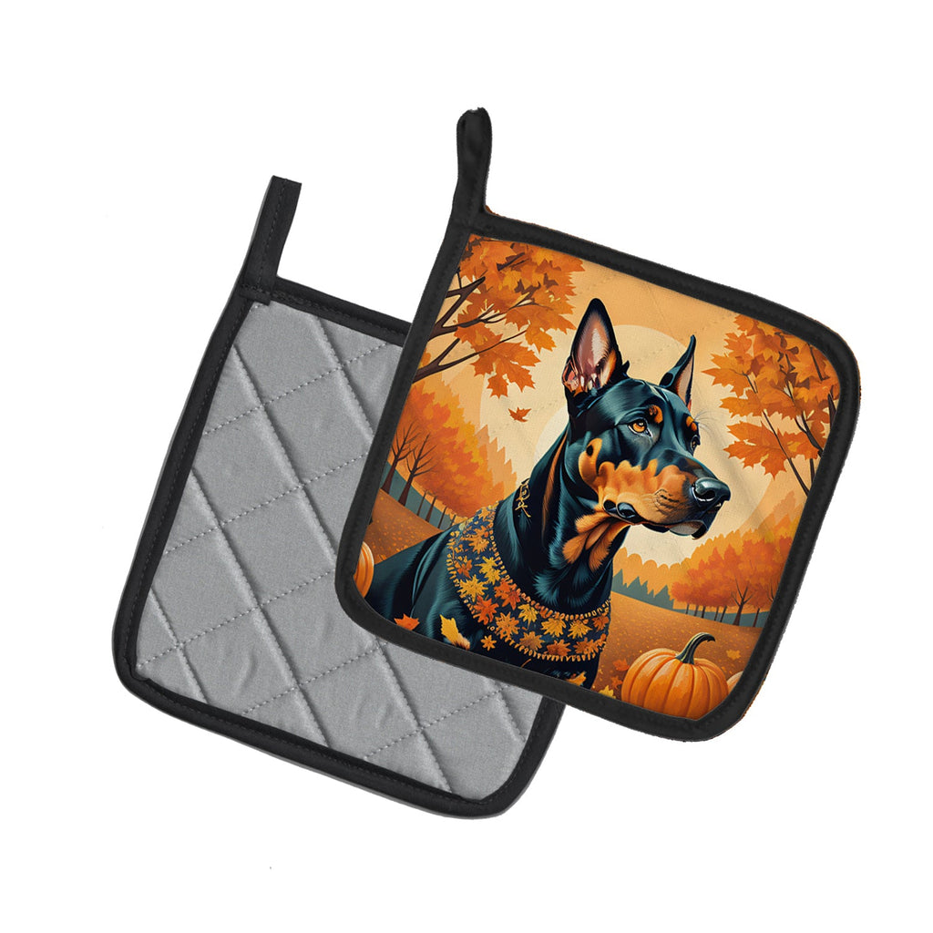 Doberman Pinscher Fall Pot Holder Set of 2 Heat Resistant Quilted Hot Pads 7.5 x 7.5 Inch, Insulated Kitchen Trivets for Cooking & Baking