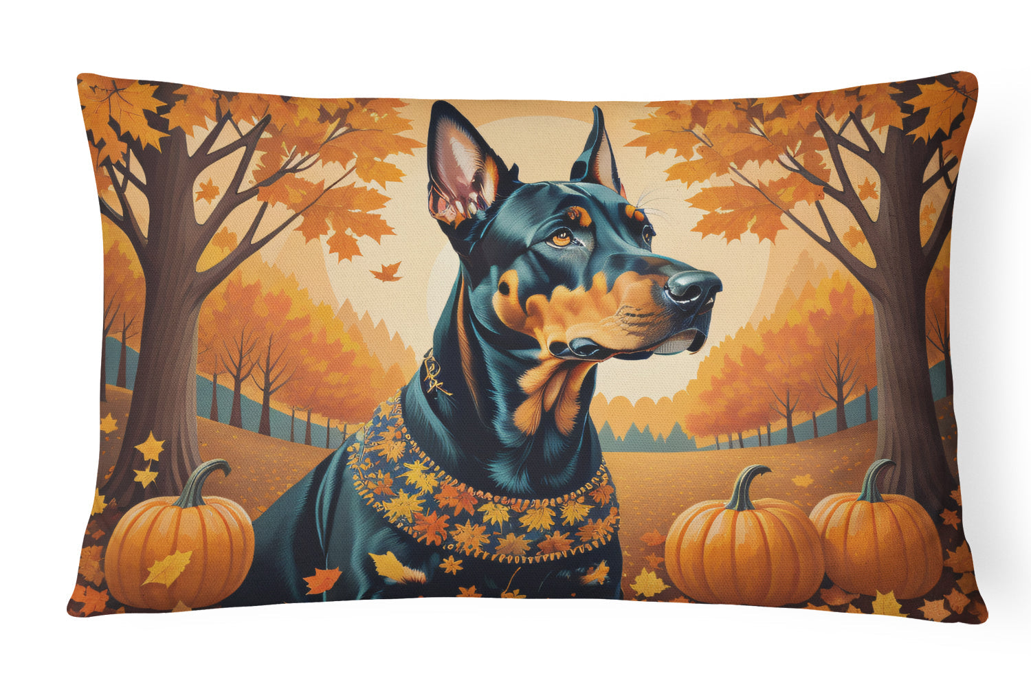Doberman Pinscher Fall Decorative Throw Pillow 12x16 Indoor Outdoor Accent Cushion, Fabric Cover with Insert for Sofa, Bed, Porch & Living Room