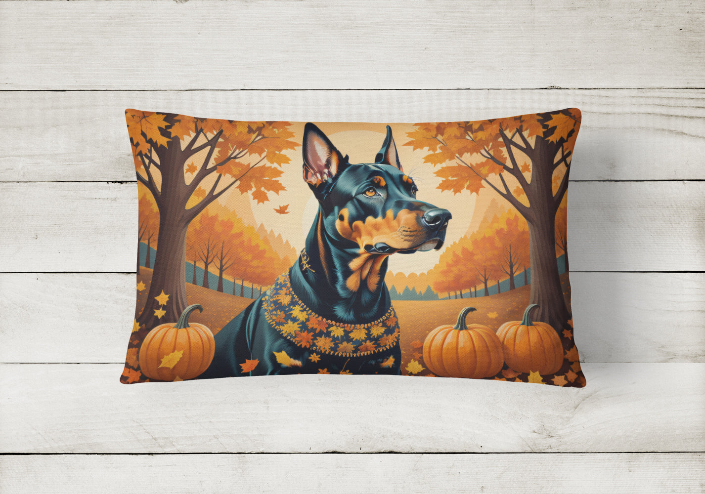 Doberman Pinscher Fall Decorative Throw Pillow 12x16 Indoor Outdoor Accent Cushion, Fabric Cover with Insert for Sofa, Bed, Porch & Living Room