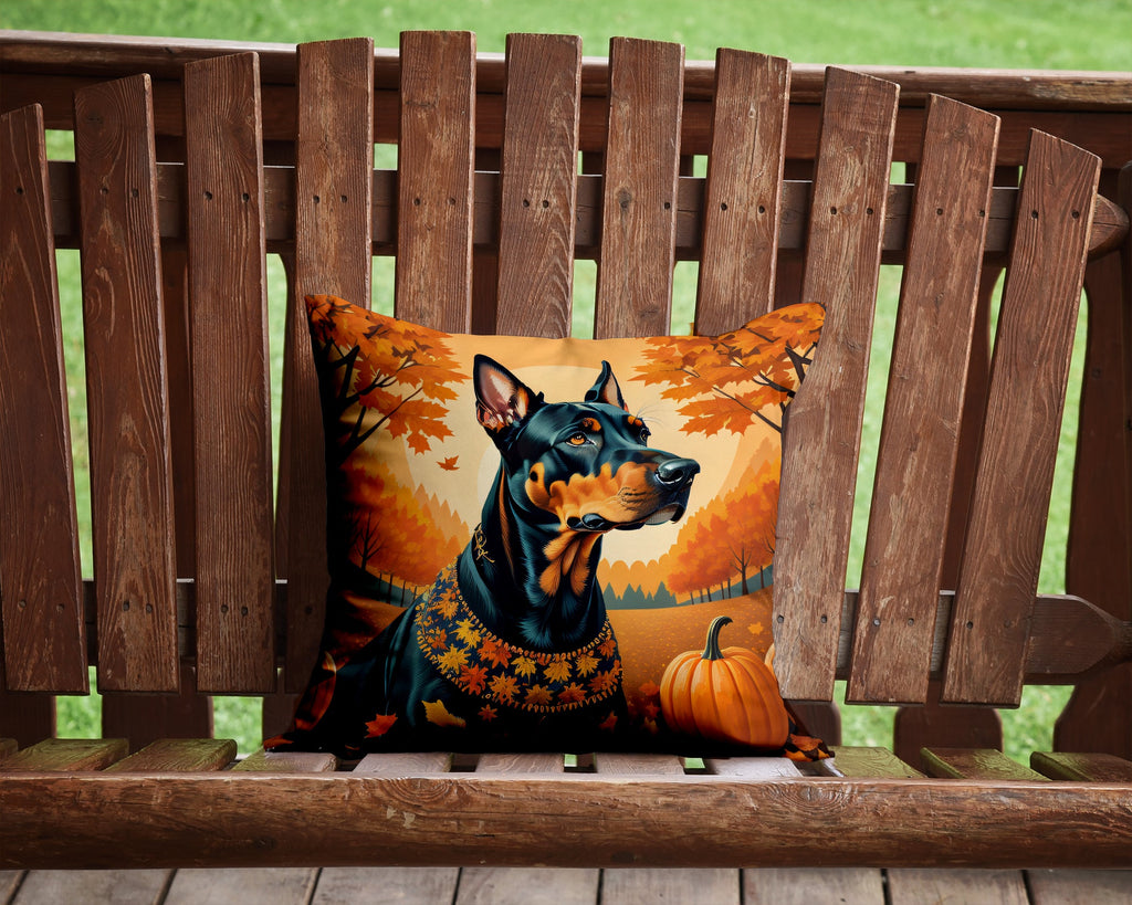 Doberman Pinscher Fall Decorative Throw Pillow 14x14 Indoor Outdoor Accent Cushion, Fabric Cover with Insert for Sofa, Bed, Porch & Living Room