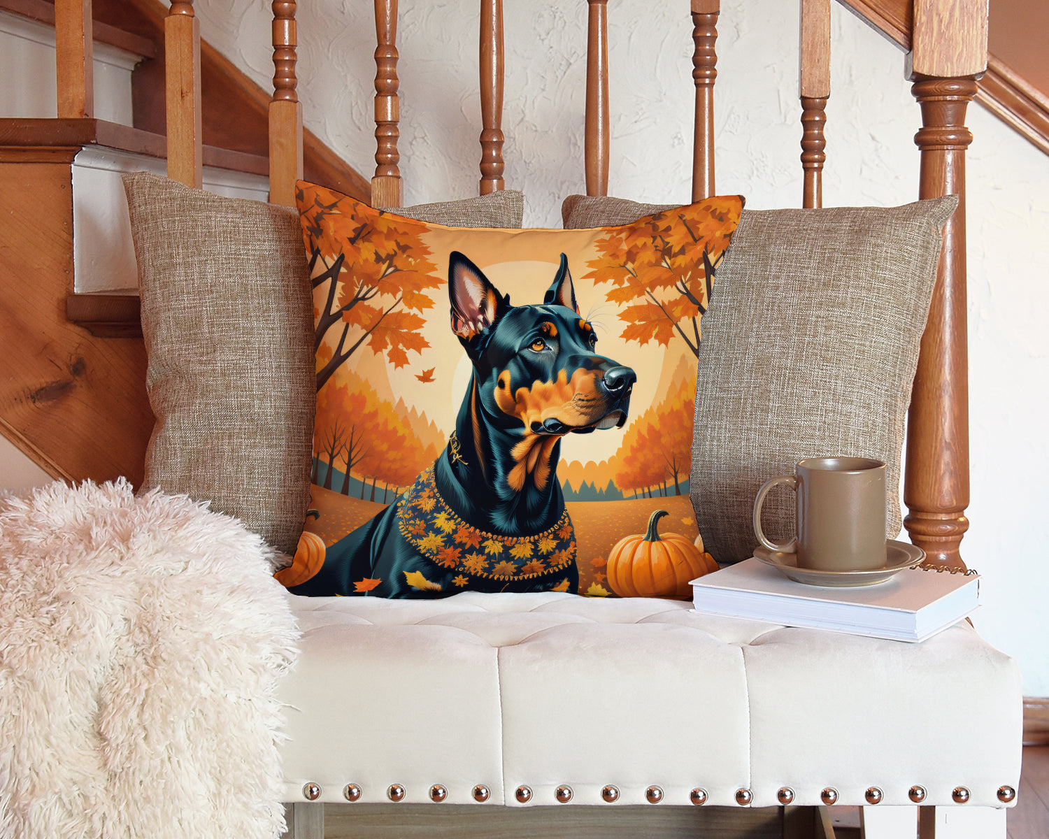 Doberman Pinscher Fall Decorative Throw Pillow 14x14 Indoor Outdoor Accent Cushion, Fabric Cover with Insert for Sofa, Bed, Porch & Living Room