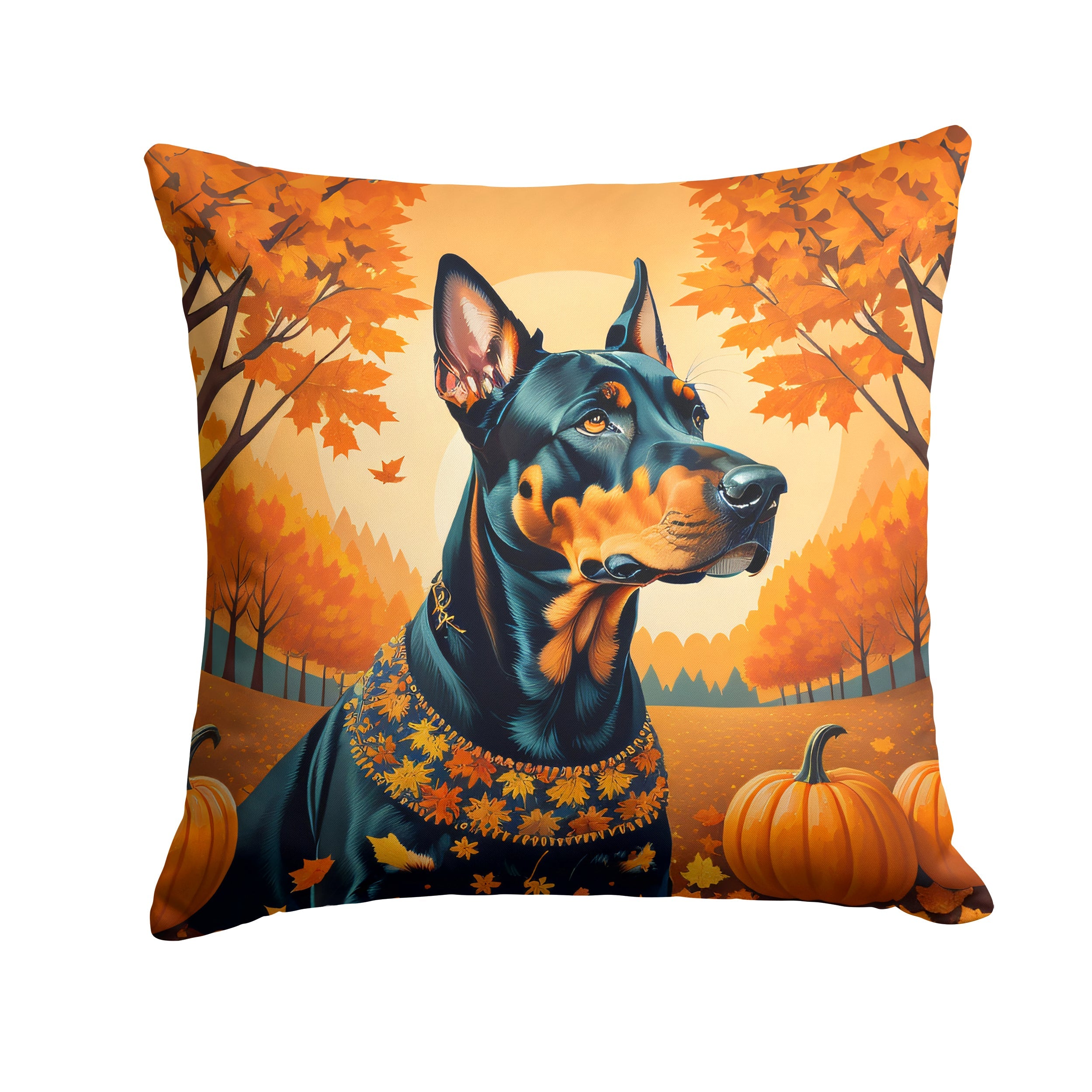 Doberman Pinscher Fall Decorative Throw Pillow 18x18 Indoor Outdoor Accent Cushion, Fabric Cover with Insert for Sofa, Bed, Porch & Living Room