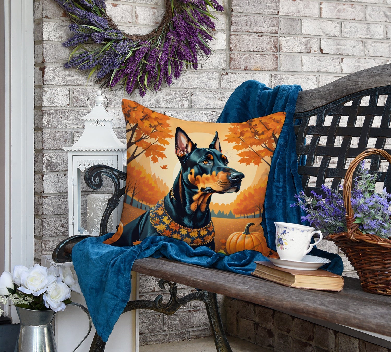 Doberman Pinscher Fall Decorative Throw Pillow 18x18 Indoor Outdoor Accent Cushion, Fabric Cover with Insert for Sofa, Bed, Porch & Living Room