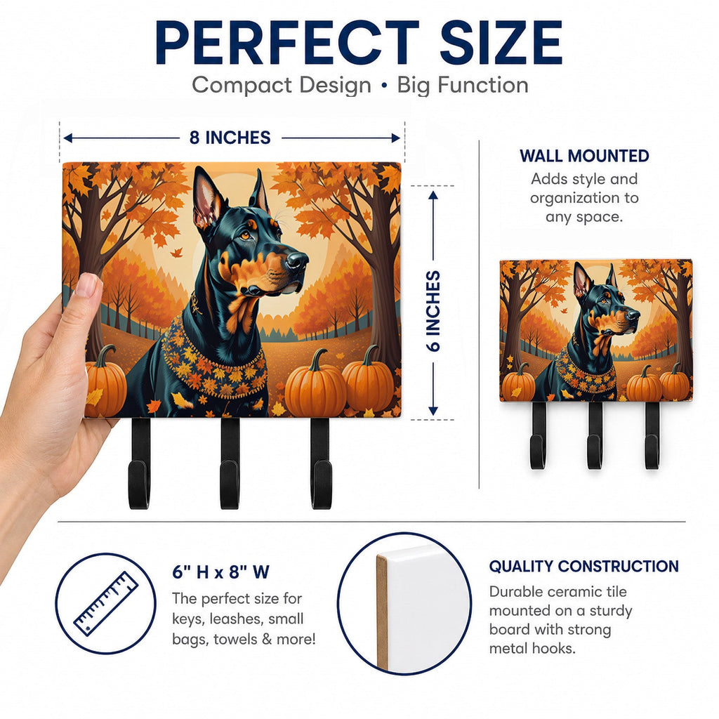 Doberman Pinscher Fall Leash or Key Holder Wall Hooks, Coat Rack Wall Mount, for Hanging Keys, Towels, Aprons, Leashes