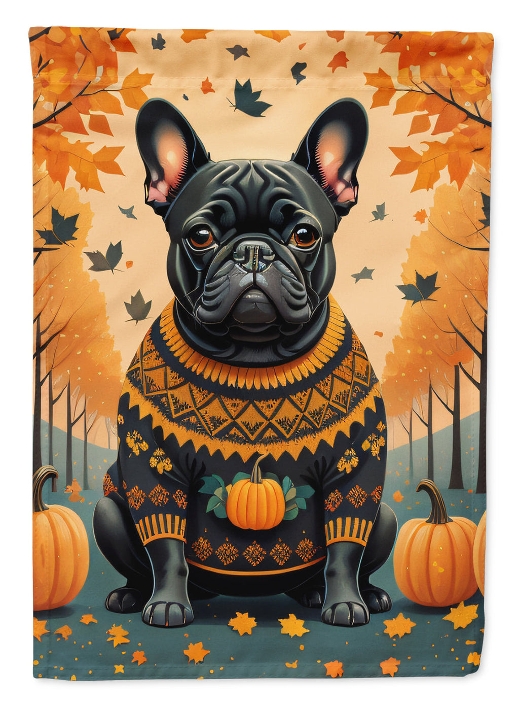 Black French Bulldog Fall House Flag 28x40 Porch Sleeve Pole Decorative Outside Yard Banner Artwork Wall Hanging, Polyester