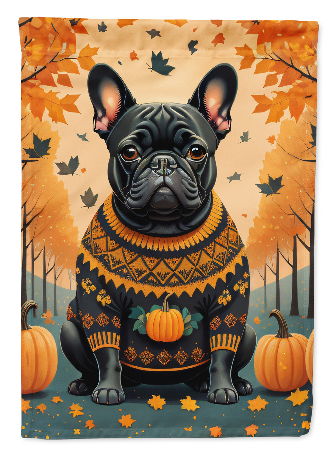 Black French Bulldog Fall House Flag 28x40 Porch Sleeve Pole Decorative Outside Yard Banner Artwork Wall Hanging, Polyester