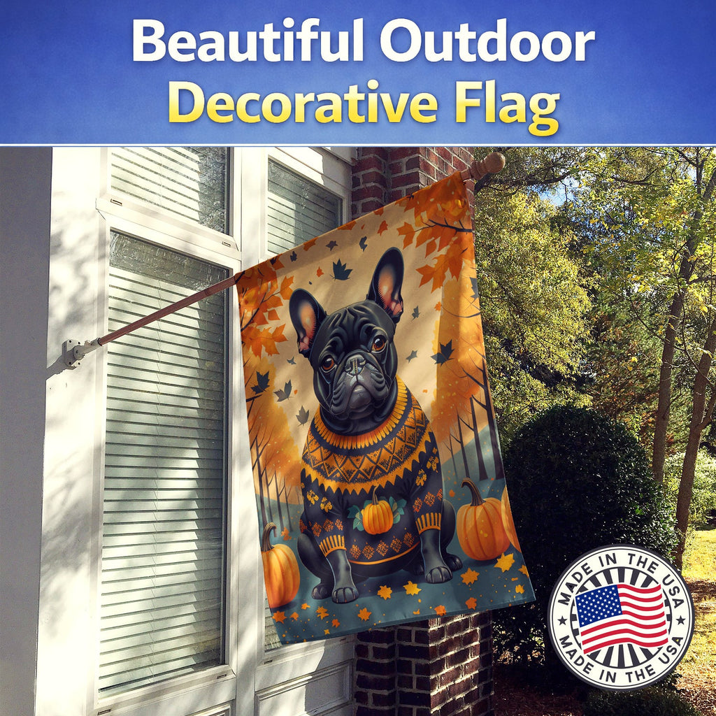 Black French Bulldog Fall House Flag 28x40 Porch Sleeve Pole Decorative Outside Yard Banner Artwork Wall Hanging, Polyester