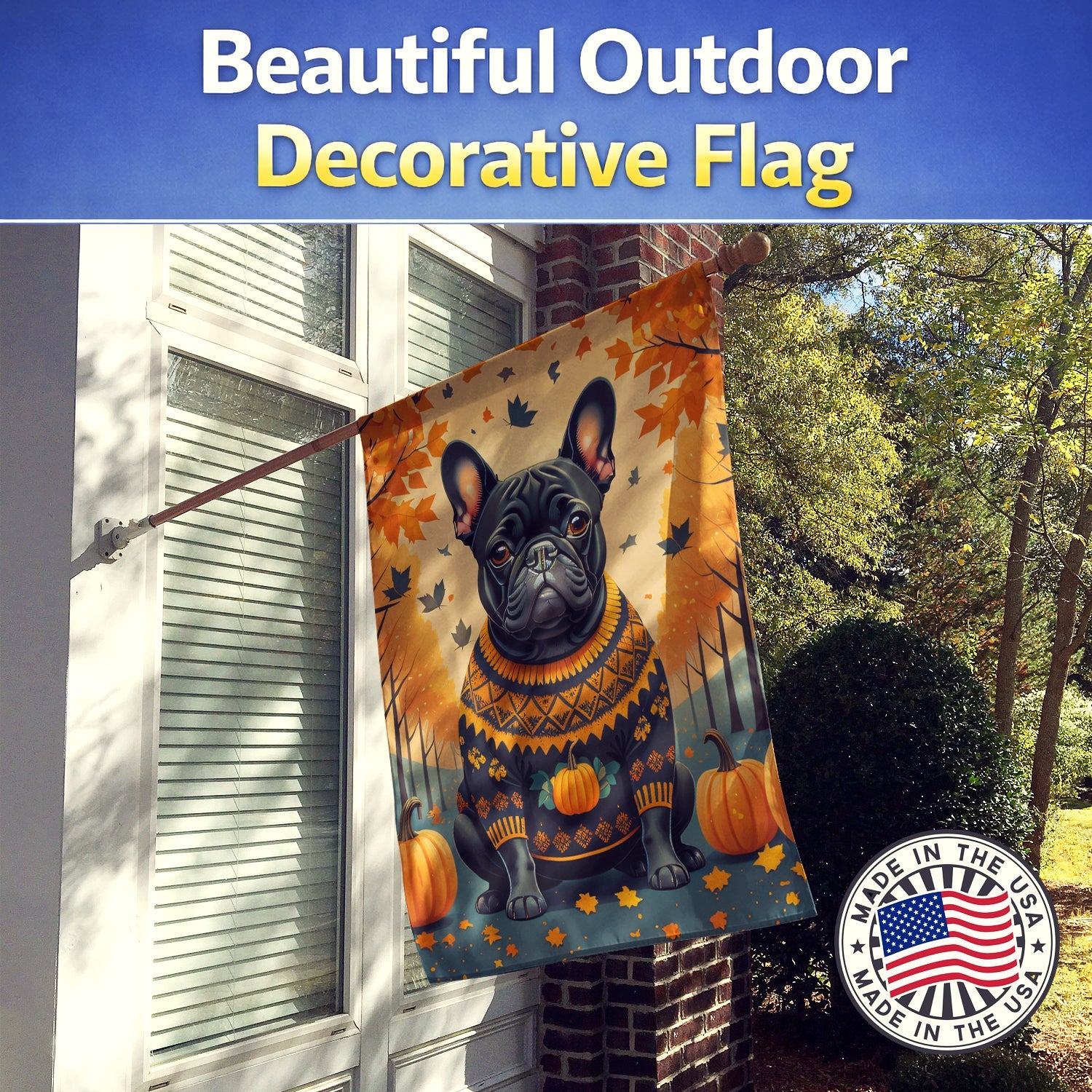 Black French Bulldog Fall House Flag 28x40 Porch Sleeve Pole Decorative Outside Yard Banner Artwork Wall Hanging, Polyester