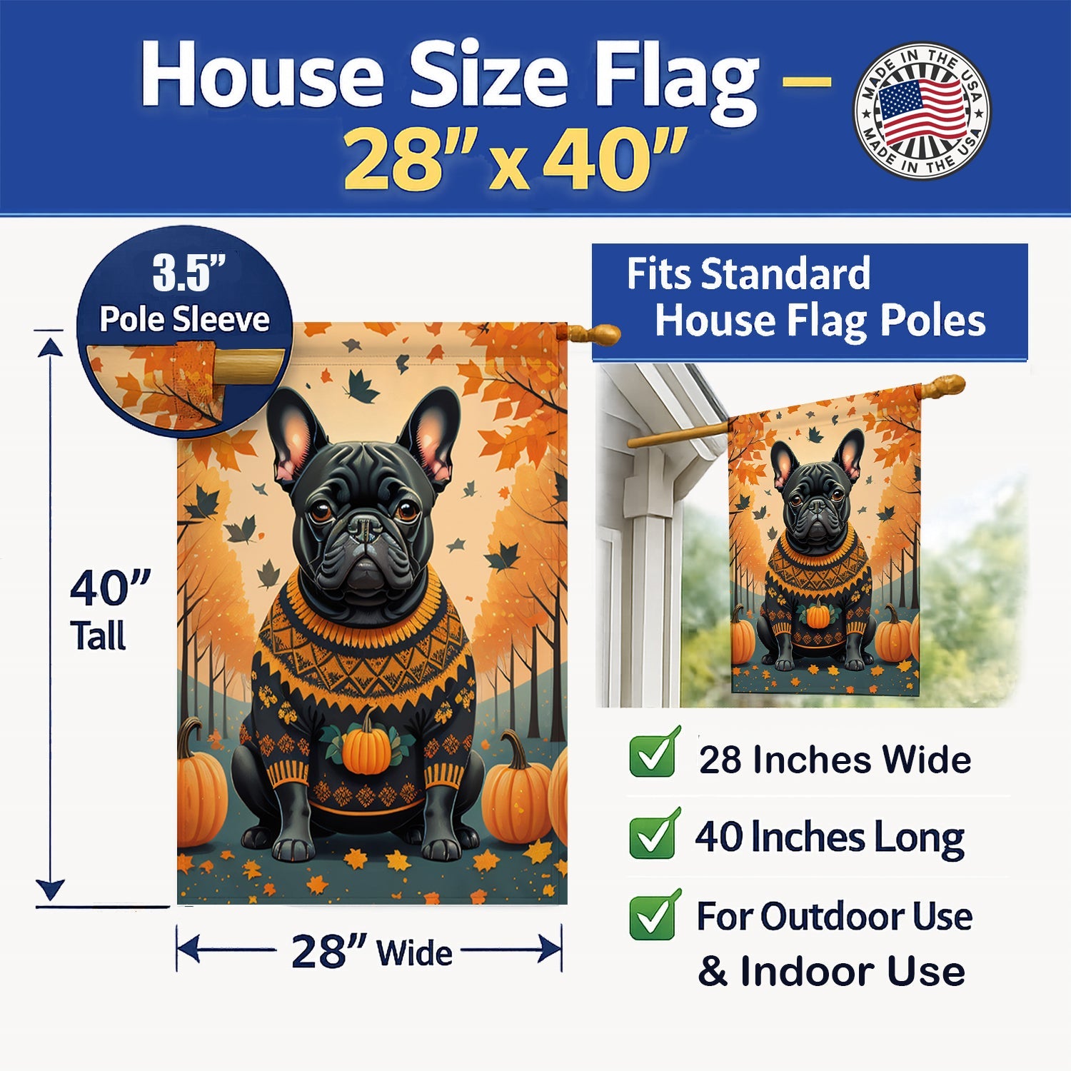 Black French Bulldog Fall House Flag 28x40 Porch Sleeve Pole Decorative Outside Yard Banner Artwork Wall Hanging, Polyester