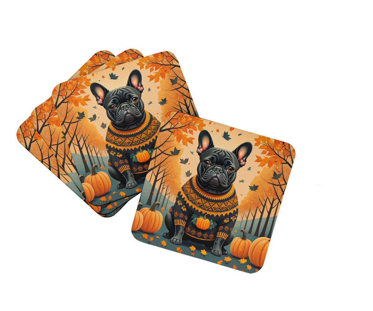 Black French Bulldog Fall Foam Coasters Set of 4 Cup Coasters for Indoor Outdoor, Tabletop Protection, Anti Slip, Mouse pad Material