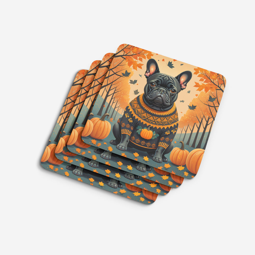 Black French Bulldog Fall Foam Coasters Set of 4 Cup Coasters for Indoor Outdoor, Tabletop Protection, Anti Slip, Mouse pad Material