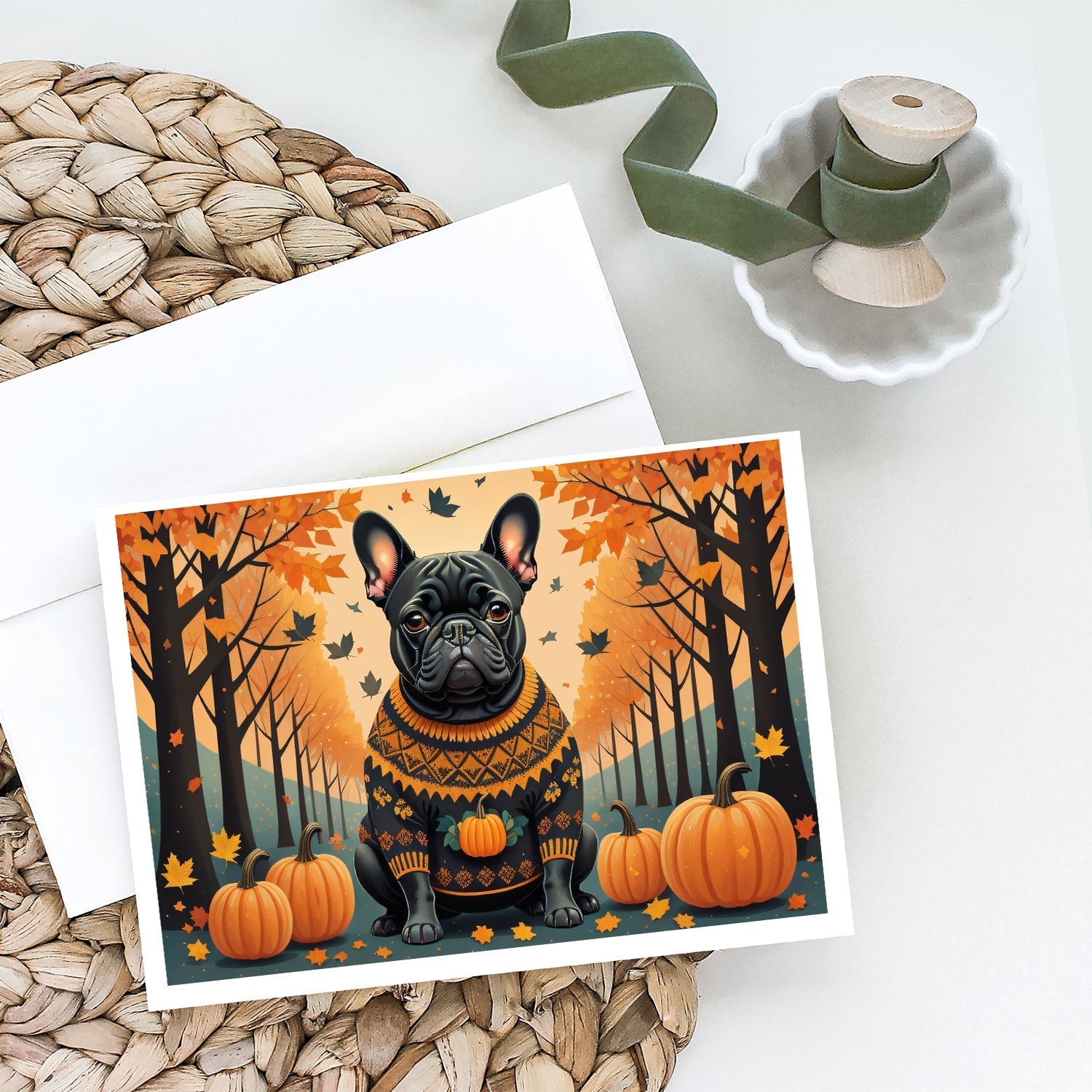 Black French Bulldog Fall Greeting Cards Pack of 8 Blank Cards with Envelopes Whimsical A7 Size 5x7