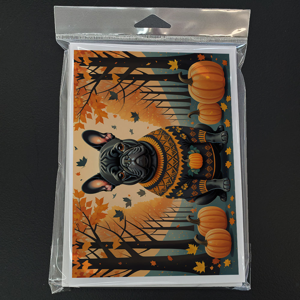 Black French Bulldog Fall Greeting Cards Pack of 8 Blank Cards with Envelopes Whimsical A7 Size 5x7