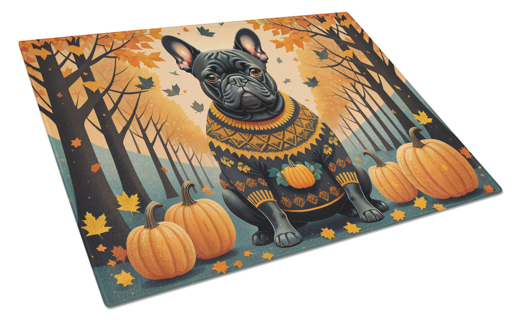 Black French Bulldog Fall Cutting Board Tempered Glass Kitchen Cutting Surface, Heat Resistant Chopping, Non-Slip Feet, Food Prep & Serving