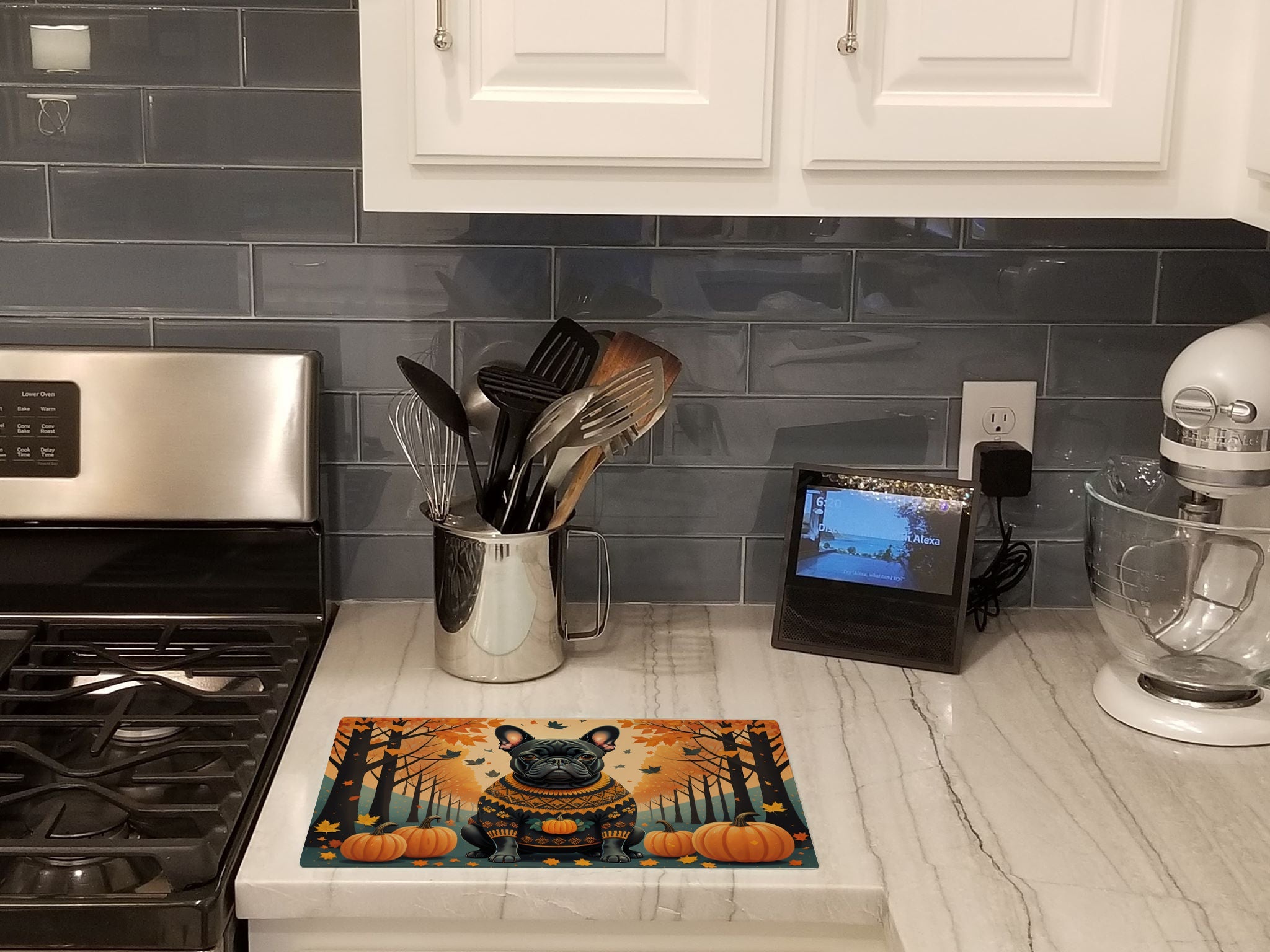 Black French Bulldog Fall Cutting Board Tempered Glass Kitchen Cutting Surface, Heat Resistant Chopping, Non-Slip Feet, Food Prep & Serving